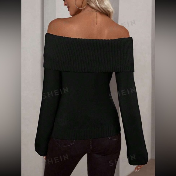 Off Shoulder Foldover Ribbed Knit Sweater - Picture 2 of 8